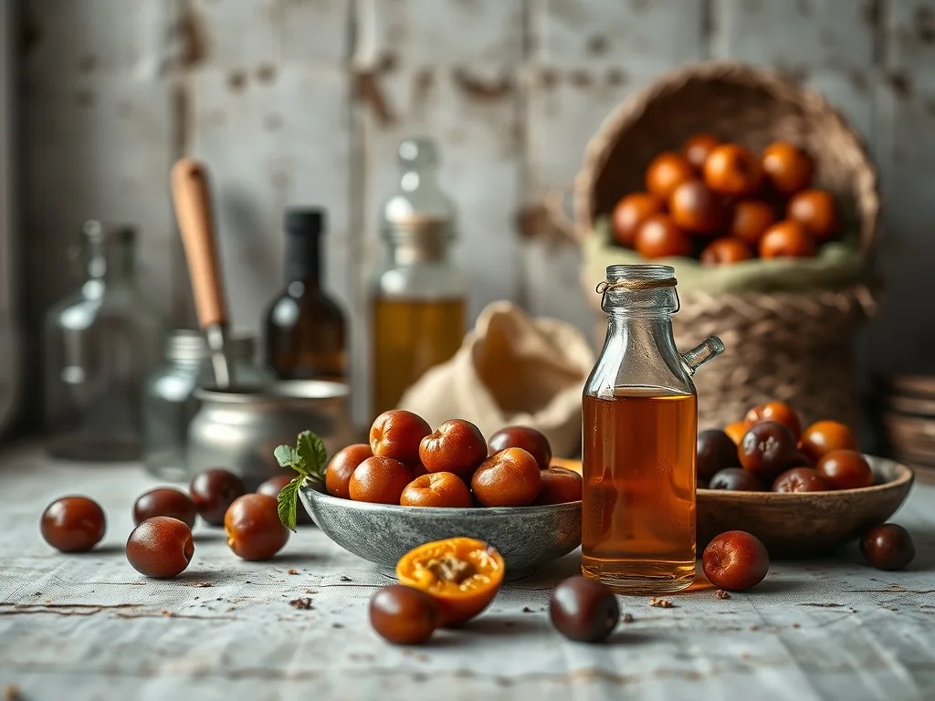 Bocaux en verre remplis d'abricots entiers nappés d'un sirop doré, posés sur un torchon à carreaux à côté de quelques fruits
