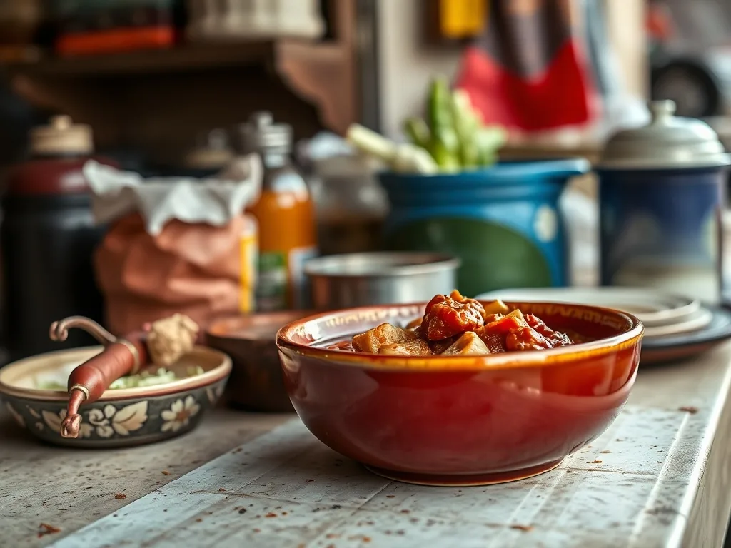 Bol de chili con carne fumant entouré de petits ramequins contenant guacamole, crème fraîche, oignons rouges et coriandre