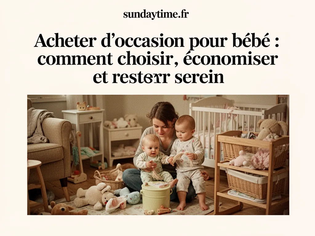 Une poussette d'occasion propre posée dans une entrée lumineuse, avec un manteau accroché et une paire de chaussons de bébé