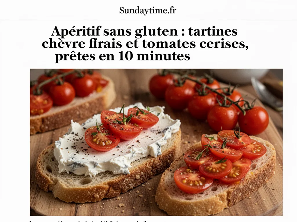 Tartines rustiques sans gluten garnies de chèvre frais, tomates cerises coupées en deux et herbes fraîches posées sur une