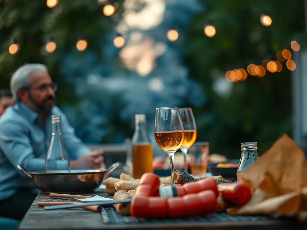 Assortiment de brochettes apéritives et de légumes grillés sur une planche en bois, avec un verre de rosé et une saucière