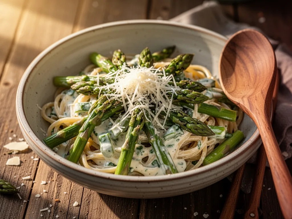 A bowl of fresh pasta with chopped wild asparagus and creamy sauce, grated Parmesan on top, wooden spoon beside, warm af