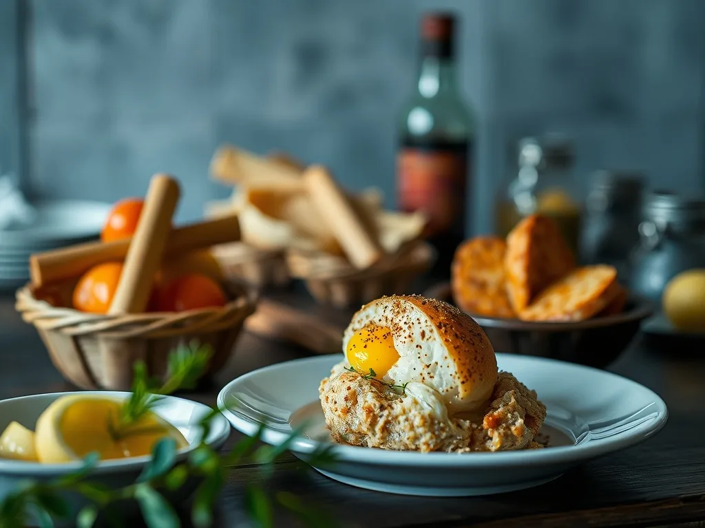 Assiette en céramique blanche garnie de tranches de magret fumé, de foie gras mi-cuit, de gésiers confits et de maïs sur un