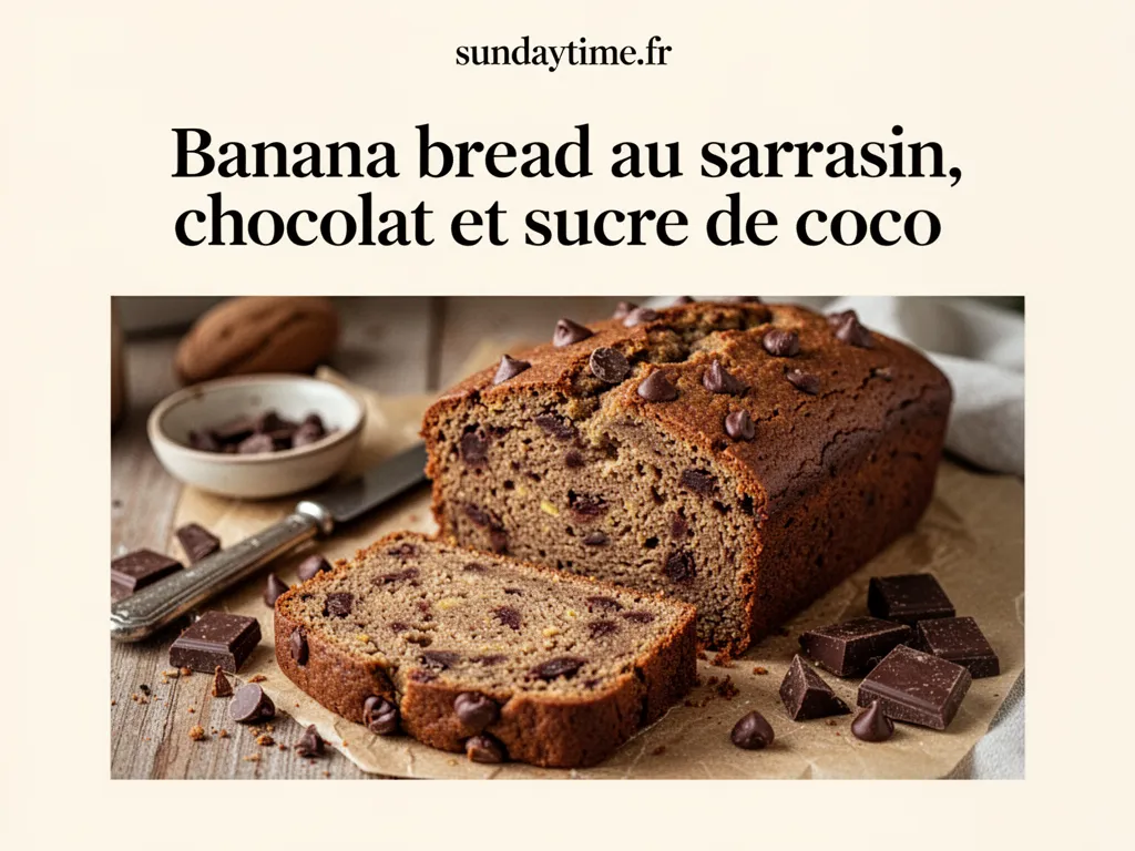 Tranche de banana bread sombre aux pépites de chocolat posée sur une planche en bois, une banane tranchée à côté, miettes et