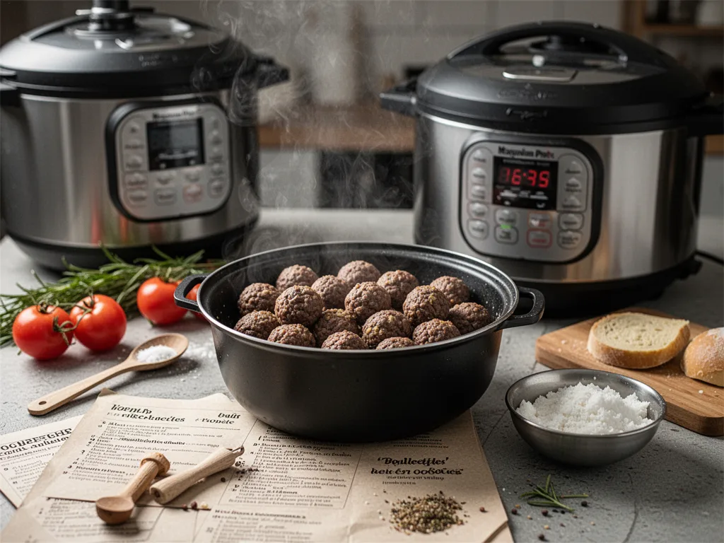 Plat de boulettes de bœuf nappées d'une sauce tomate épaisse, posé sur une table en bois rustique, avec quelques feuilles de