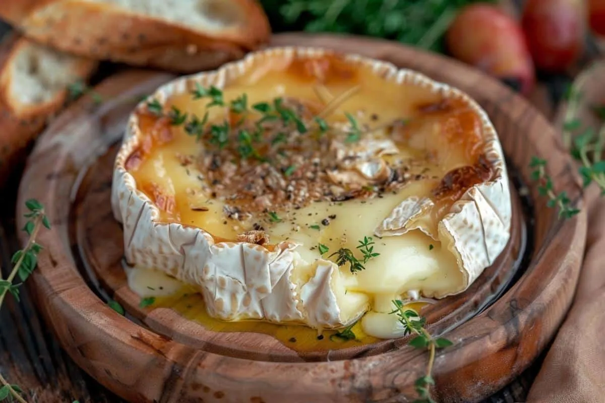 Camembert entier fendu sur sa boîte en bois, parsemé de thym et entouré de morceaux de pain grillé, vapeur légère visible