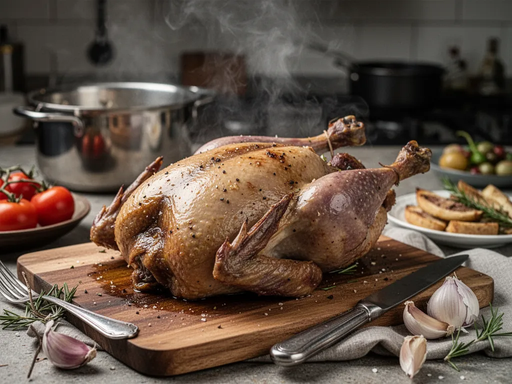 Magret de canard tranché en fines lamelles rosées sur une planche en bois, entouré de quelques grains de fleur de sel et