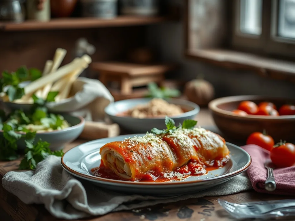 Plat de cannellonis gratinés avec une sauce tomate et béchamel dorée, en train de dorer au four, sur un plan de travail en