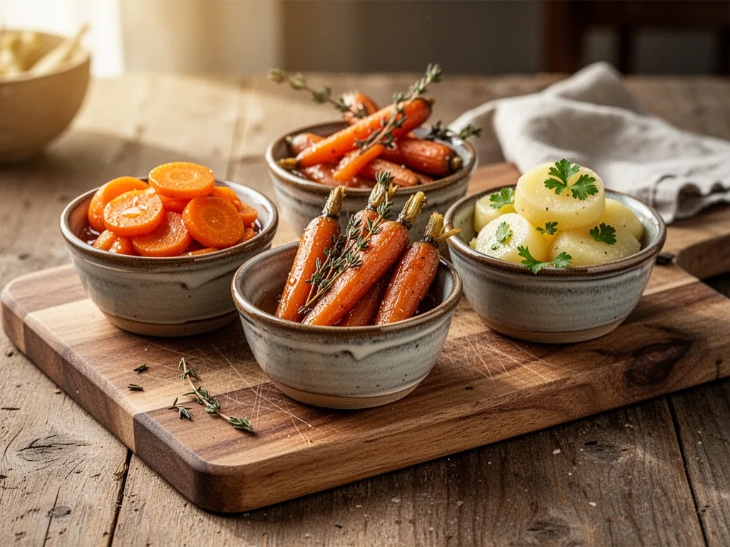 A wooden cutting board holding three small ceramic bowls of glazed carrots: orange coins in honey, whole confit sticks w