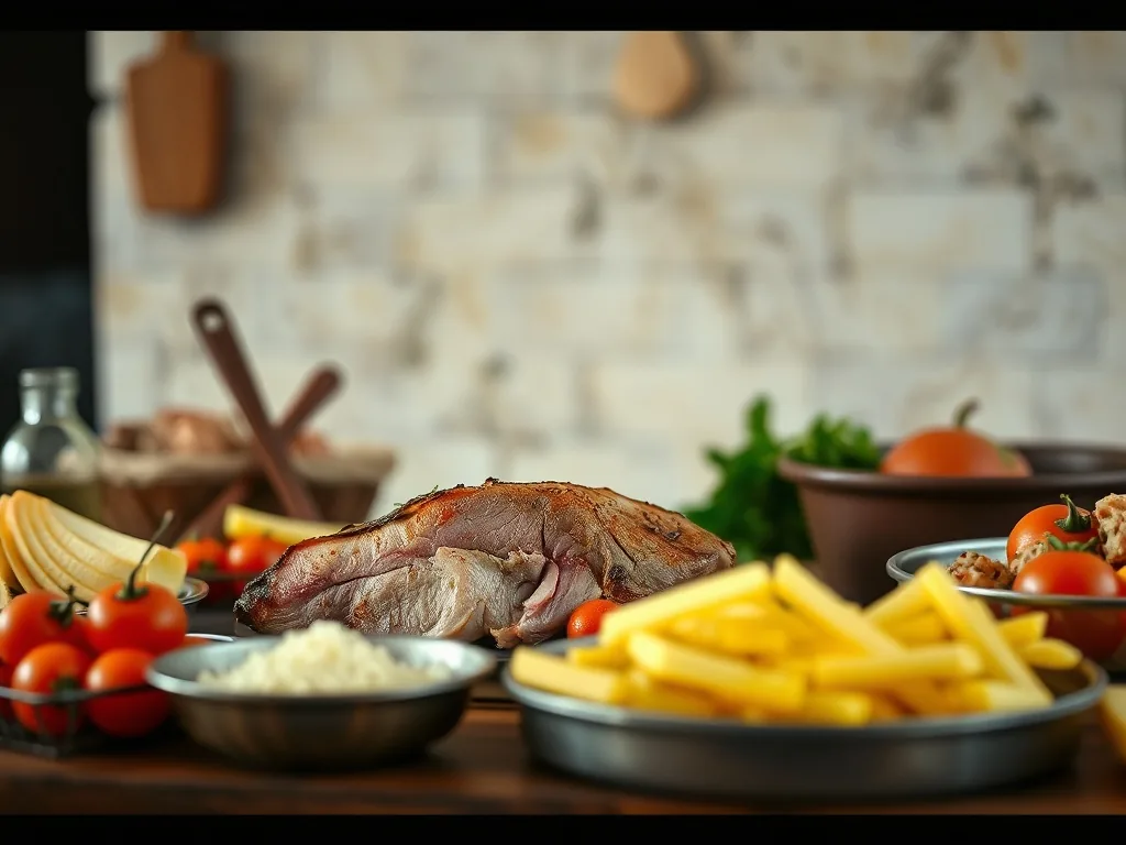 Assiette de cervelle de porc poêlée, nappée d'une sauce aux câpres, posée sur une table en bois clair avec un quartier de