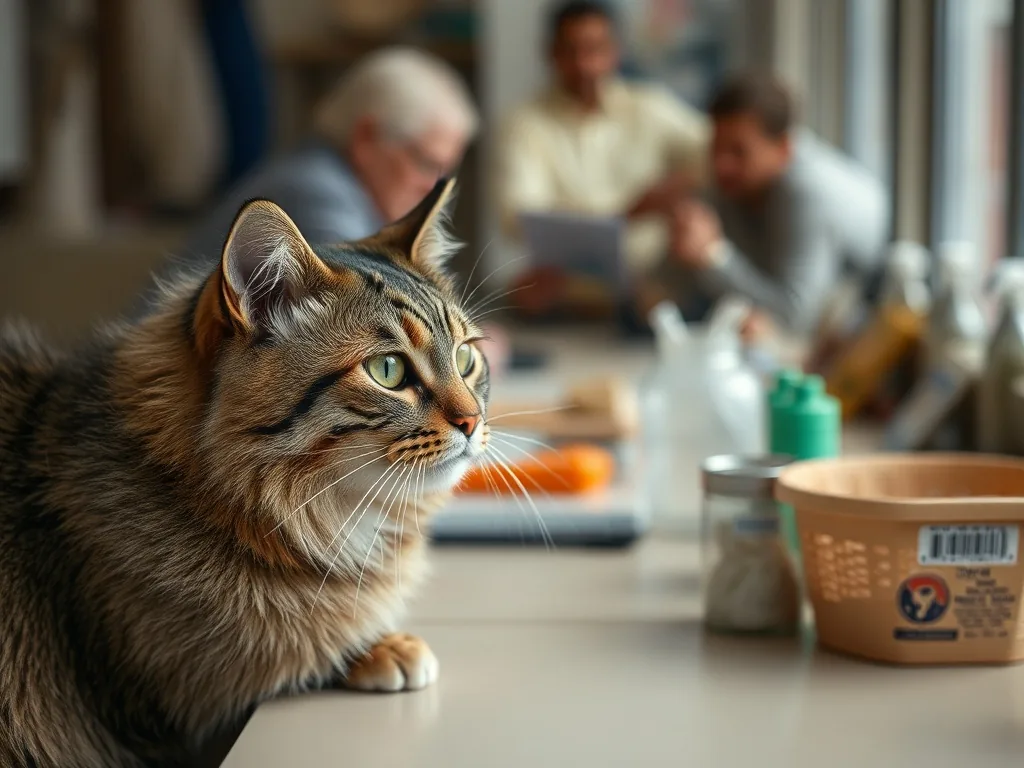 Un chat senior tigré mangeant des croquettes dans une gamelle en céramique, sur un fond de cuisine lumineuse