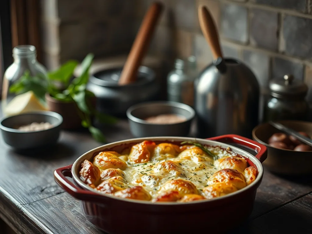 Cocotte en fonte remplie d'un gratin dauphinois doré, quelques brins de thym et un tour de moulin à poivre posés à côté sur