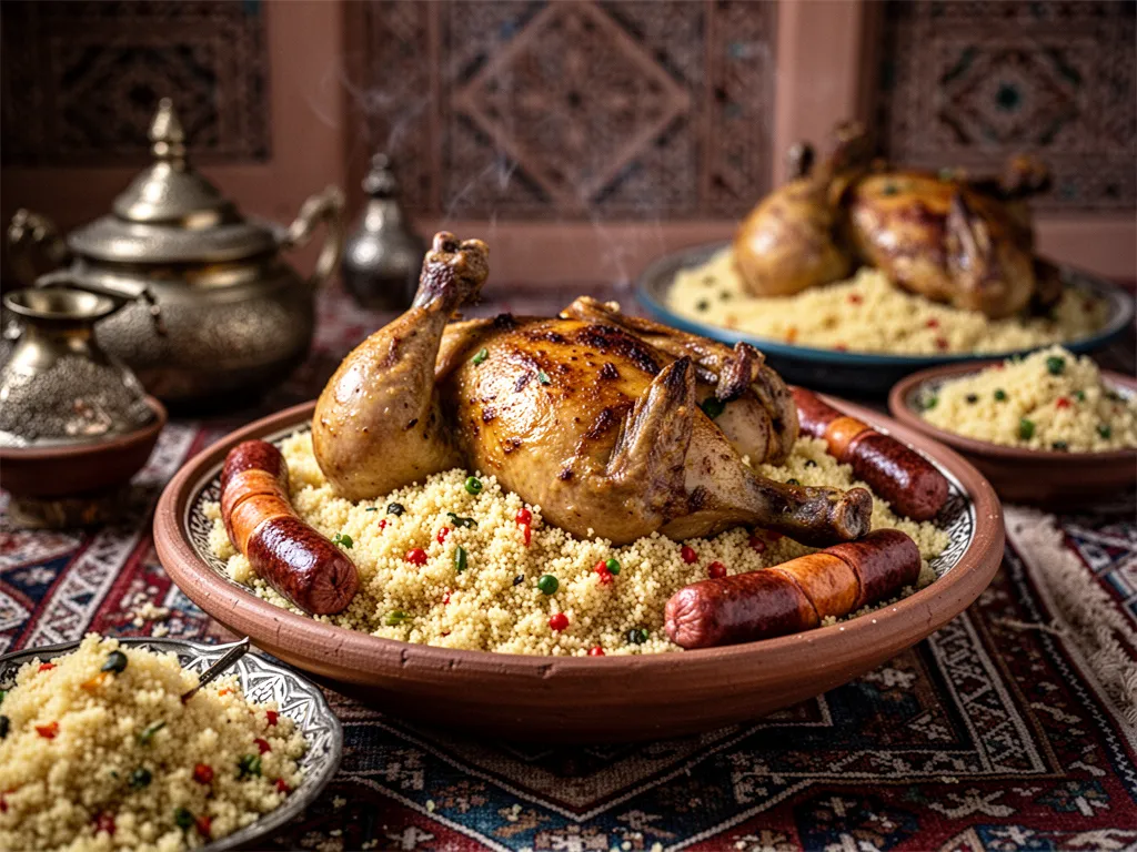 Grand plat de couscous marocain avec semoule, morceaux de poulet, merguez grillées, carottes, courgettes et bouillon servi à