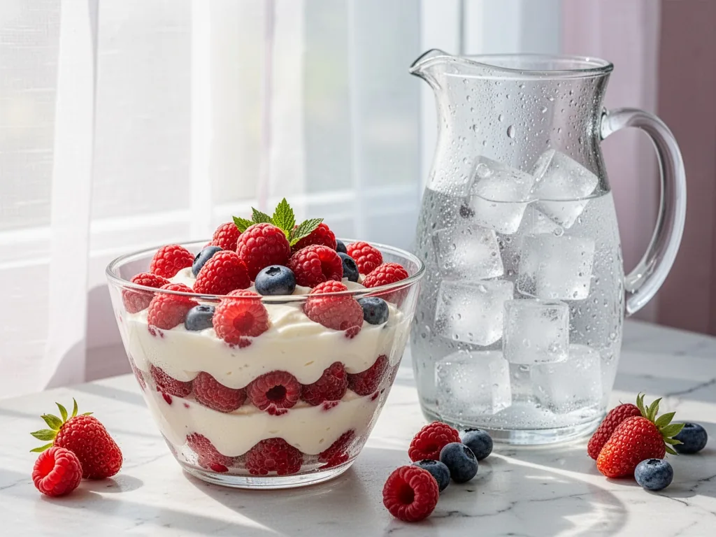 A clear glass bowl of layered no-bake berry parfait, fresh raspberries and vanilla cream, ice cubes in a glass pitcher b