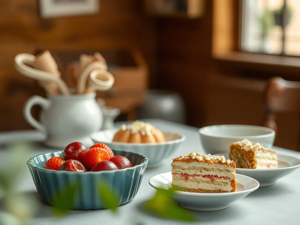 Plateau coloré de desserts d'été : verrines de fruits rouges, mousse au citron, salade de fruits frais, sur une table en