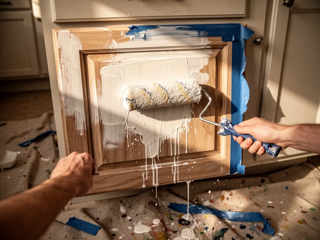 A half-painted kitchen cabinet door with uneven brush strokes and paint drips, a hand gripping a foam roller, blue paint