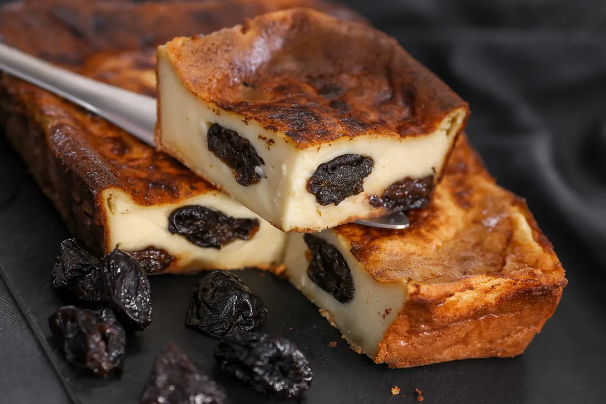 Un far breton doré tranché sur une assiette rustique, quelques pruneaux visibles et une tasse de thé à côté