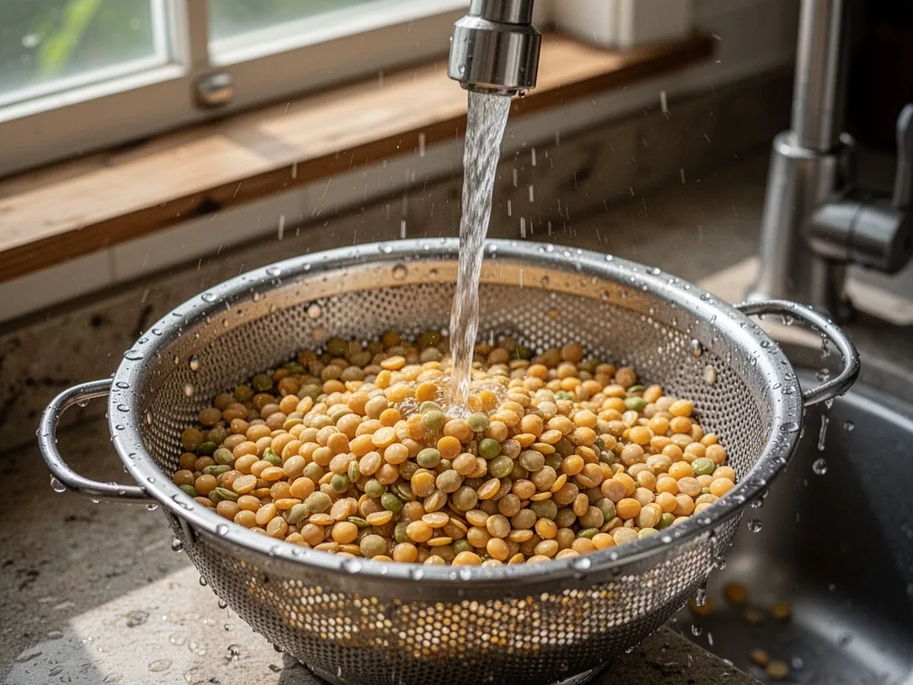 Yellow split peas in a metal colander rinsed under a thin stream of water from a kitchen faucet, droplets forming on the