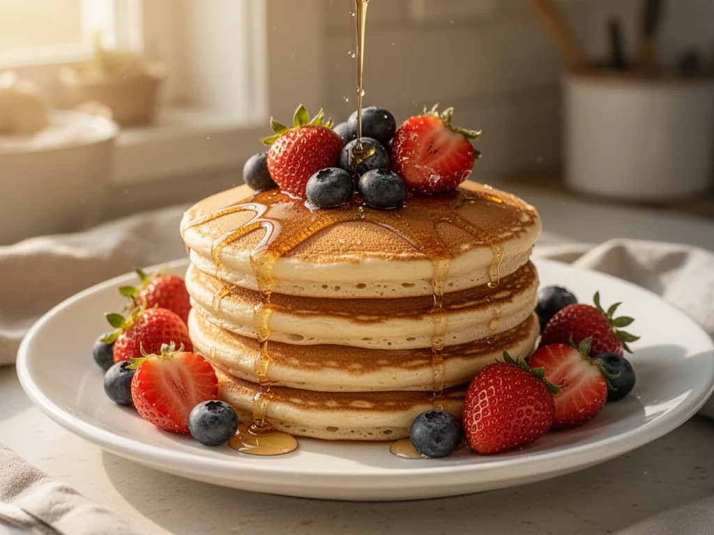A stack of fluffy pancakes with fresh strawberries and blueberries, maple syrup drizzling over, on a white plate, soft m