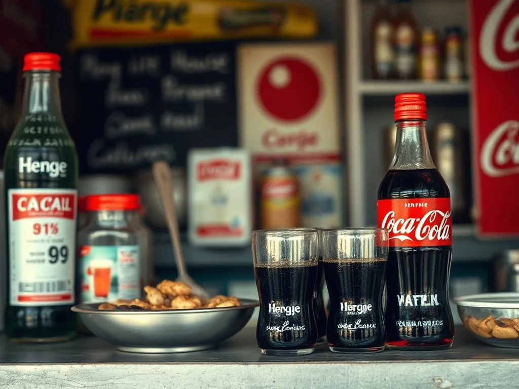 Un verre rempli de coca maison, avec des glaçons et une rondelle de citron, posé à côté d’une bouteille de soda et d’une