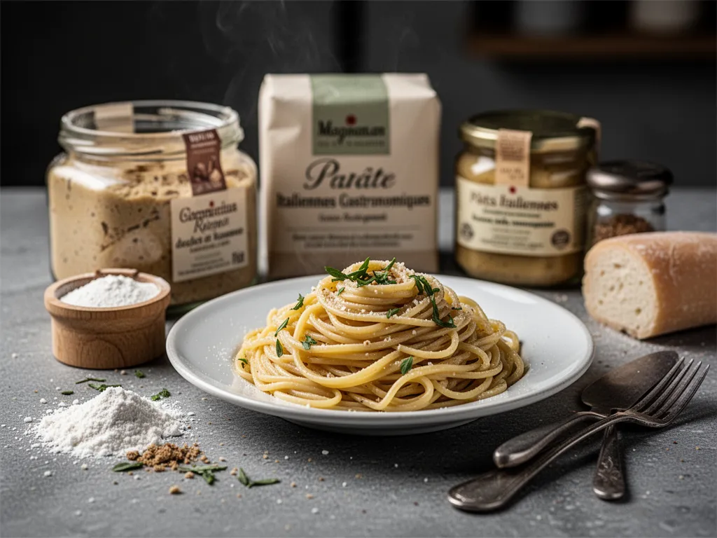 Assiette de tagliatelles fraîches nappées d'une sauce crémeuse à la ricotta, parsemée de basilic, de copeaux de parmesan et