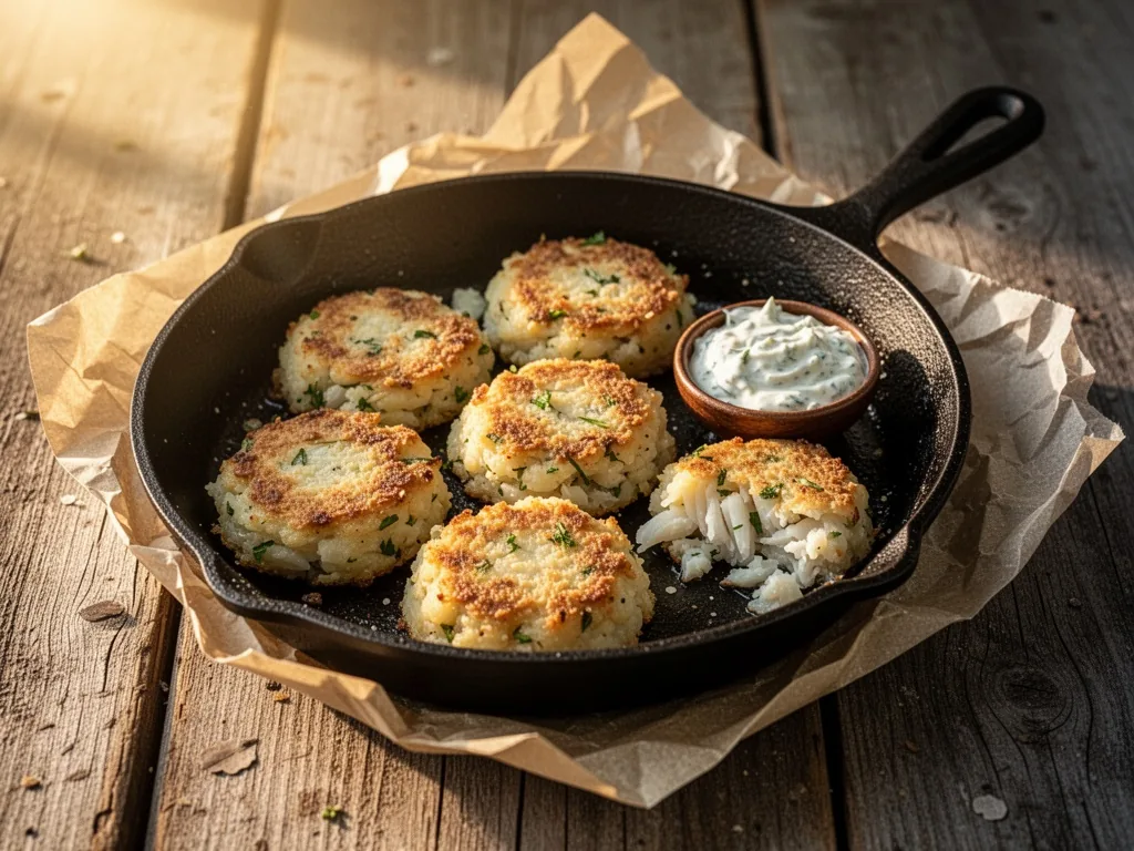 Leftover cod and potato fish cakes in a cast iron skillet, golden crust, small bowl of tartar sauce, crumpled parchment,