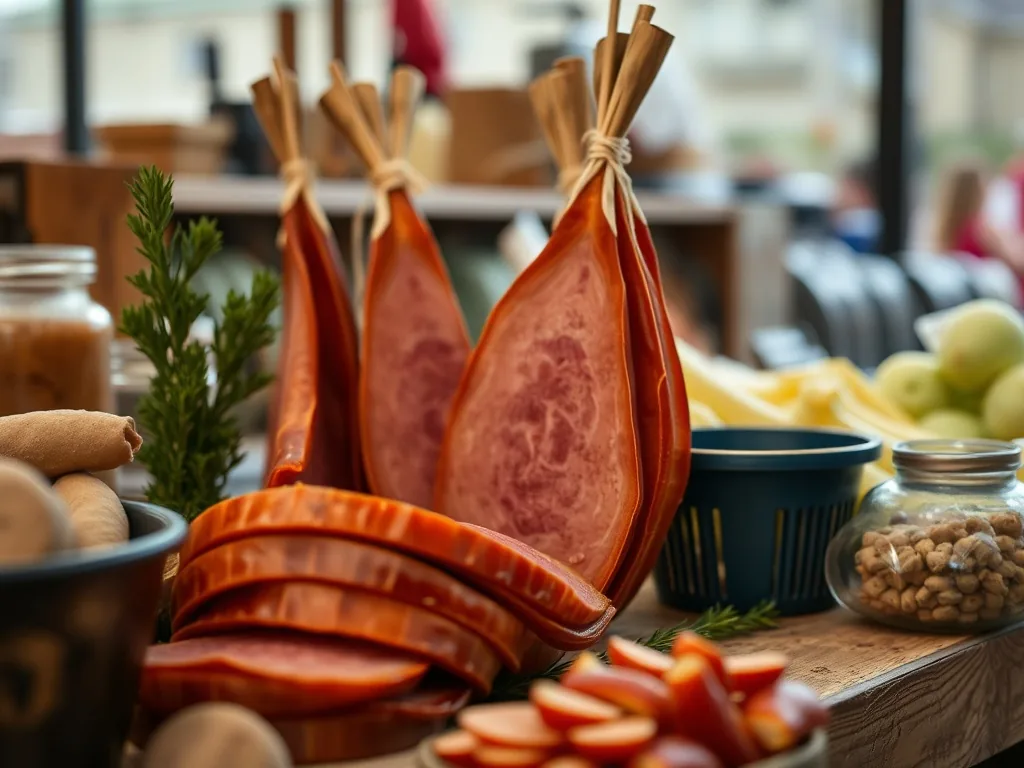 Jambon à la broche tournant au-dessus d'un feu de bois, couenne dorée et croûte caramélisée, avec une broche en métal et des