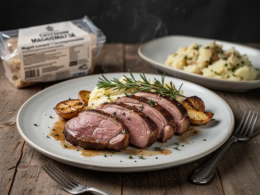 Tranches de magret de canard rosé disposées en éventail dans une assiette, à côté d'un écrasé de patates douces et de