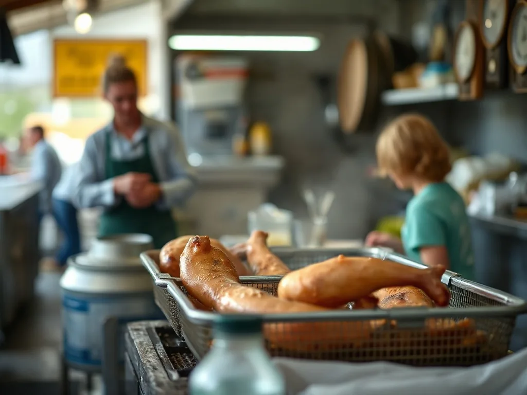 Rôti de porc cuit à l’air fryer, croûte dorée et herbes, posé sur une planche en bois avec un couteau et un torchon.