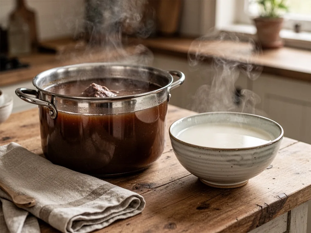A heavy-bottomed pot of dark brown veal stock next to a ceramic bowl of pale white stock on a wooden countertop with a f