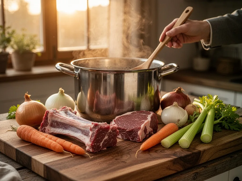 A wooden cutting board with veal bones, carrots, onions, and celery arranged around a heavy stainless steel pot, a hand 