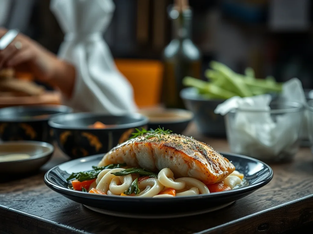 Assiette avec un pavé de saumon grillé, riz pilaf et légumes rôtis, disposée sur une table en bois, éclairage naturel