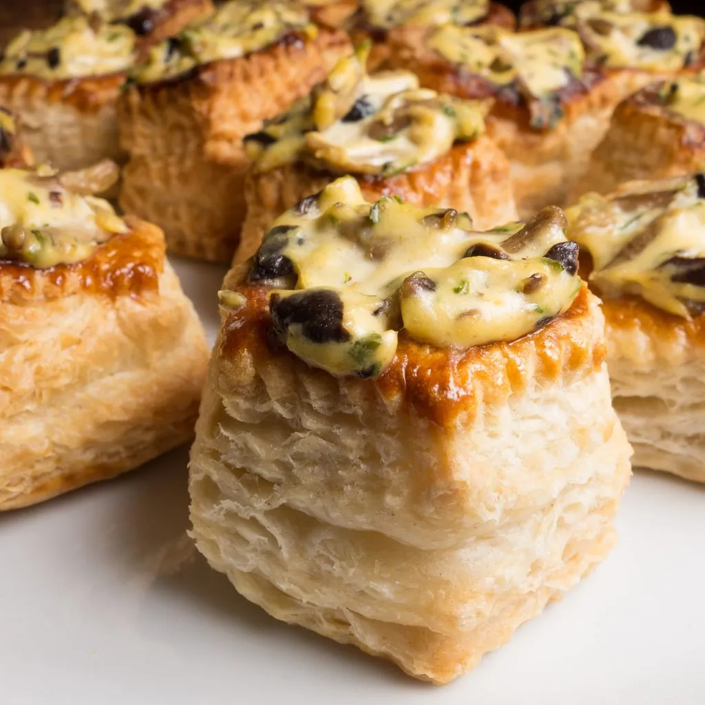 Un vol-au-vent doré sorti du four, garni de sauce crémeuse aux champignons et poulet, posé sur une table en bois avec des