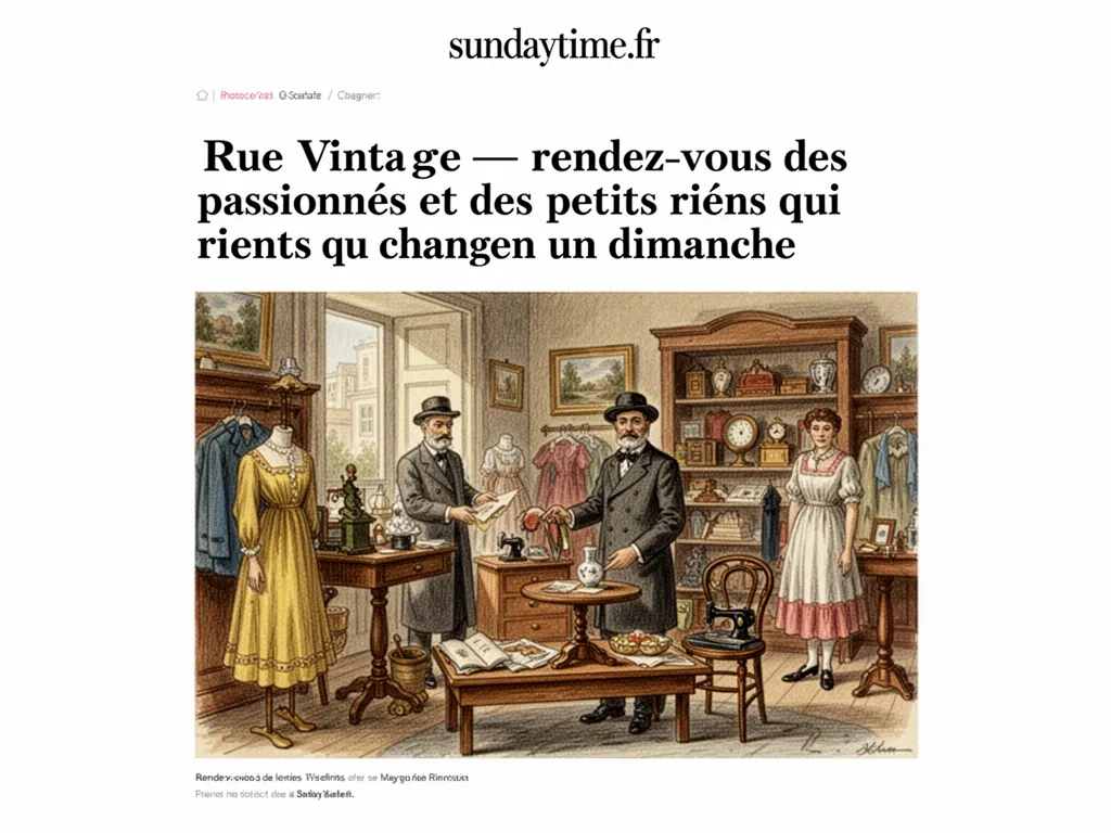 Allée pavée d’un marché en plein air, stands en bois, vaisselle émaillée empilée, visiteurs en veste légère qui feuillettent
