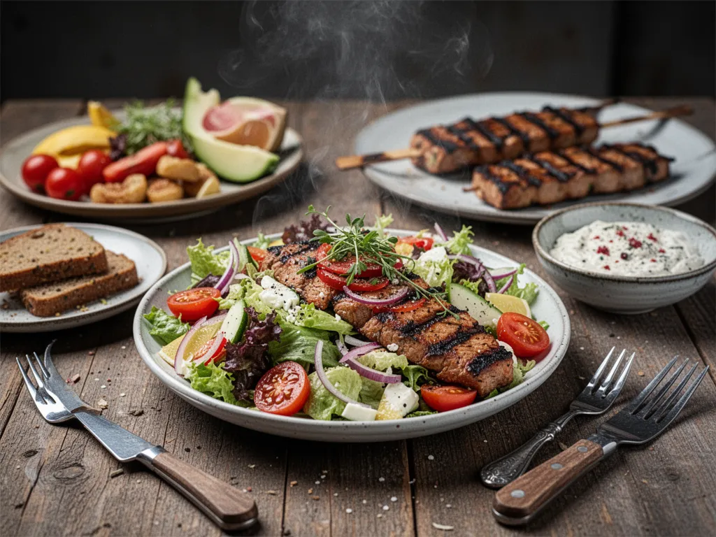 Grand saladier rempli d'une salade composée colorée avec tomates cerises, concombre, maïs, haricots verts et herbes