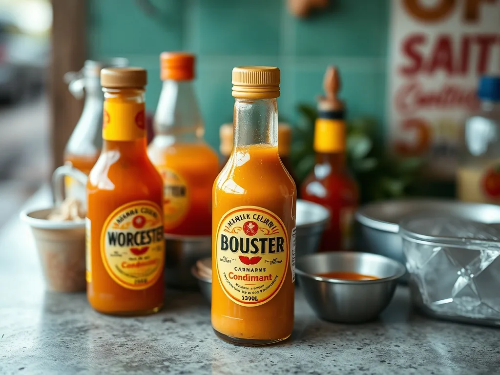 Un bocal en verre rempli de sauce Worcestershire maison, foncée et légèrement trouble, posé sur un torchon rayé, avec une