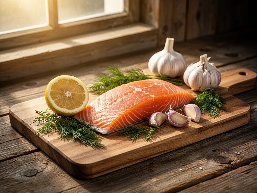 A wooden cutting board with a fresh salmon fillet, halved lemon, garlic cloves, and dill sprigs arranged neatly, soft mo